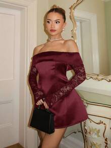 Glamine Charm Đầm ngắn ren phối trễ vai thanh lịch dành cho nữ, thích hợp cho tiệc sinh nhật, tựu trường, dạ hội tốt nghiệp, họp mặt chị em, tiệc trà chiều. - Màu Đỏ Sâu - Xem 4