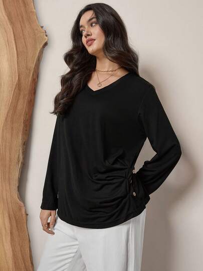 SHEIN LUNE Plus Size Fall Women Clothes Apricot V-Neck Texture Small Plaid Fabric Casual Long Sleeve Teacher T Shirt Fall Women Clothes