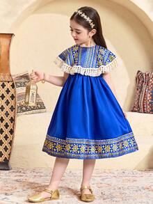 SHEIN Young Girl Retro Print Patchwork Fringe Decor Sleeveless A-Line Dress - Blue - View 4
