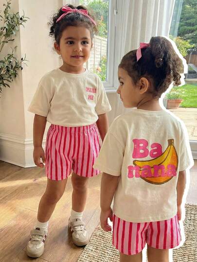 THE HAPPY LOOK 2pcs/Set Young Girl Strawberry Pattern Knit Soft Round Neck Short Sleeve Drop Shoulder Pullover Top And Striped Shorts Girls Pink Stripe Shorts Kids Ice Cream Shorts Girls Ice Cream Shirt Set Kids Shorts Set For Girls Two Piece Cute Set Kids