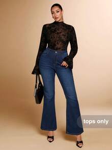 SHEIN BAE Plus Size Autumn And Winter Fashion Sexy And Elegant Women's Elastic See-Through Sweet Hot Girl Stand Collar Ruffled Cuffs See-Through Black Elastic Flocking Jacquard Mesh Bodysuit, Super Versatile, Can Be Worn Inside Or Outside - Black - View 4