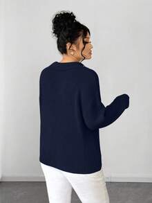 SHEIN Elenzya 女士珍珠领纯色简约套头毛衣 - 寶藍色 - 查看 2