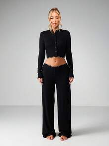 MISSGUIDED Ribbed Button Front With Elastic Waist Band Sleep Pajama Pants Loungewear - Black - View 5
