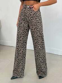 SHEIN PETITE 100% Cotton MID RISE WIDEEG CUT LEOPARD PETITE JEAN - Multicolor - View 6