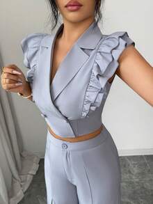 Elenzga 2pcs Women Gray Double Layer Cap Sleeve Top And Pants Set, Suitable For Spring, Summer, Autumn, Winter, Party, New Year, Thanksgiving, Christmas, Valentine's Day, Halloween, Casual Wear - Grey - View 3