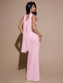 Vestido de malla ajustado con drapeado asimétrico, elegante y sexy vestido de gala para fiesta, boda, cumpleaños, Navidad, Halloween - Amarillo claro - Rosa Pálido - Ver 2