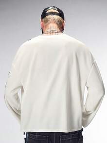 ROMWE MEN Men's Letter Print Loose Fit Round Neck Drop Shoulder Long Sleeve T-Shirt - White - View 6