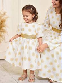 Baby Girl Elegant Round Neck Polka Dot Gold Ribbon Waist Decor Dress - Apricot - View 3