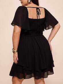 SHEIN BAE 大码女式黑色荷叶边袖连体裤 - 黑色 - 查看 9