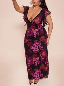 SHEIN BAE 大码女式紫色V领荷叶边连衣裙 - 紫色 - 查看 5