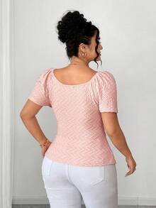 SHEIN Elenzya Áo thun nữ cỡ lớn, màu trơn, cổ vuông, tay ngắn, chất liệu vải dệt họa tiết, vạt áo bất đối xứng, thích hợp cho Ngày Valentine. - Hồng - Xem 2