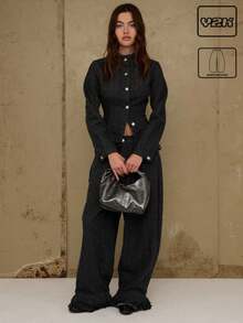 COUREZ Low Rise Baggy Balloon Fit Jeans With Frill Hem Detail In Textured Denim /Y2K Casual Spring Clothes  Women Clothes Cute Wide Leg Pants Low Rise Jeans Set - Black - View 1