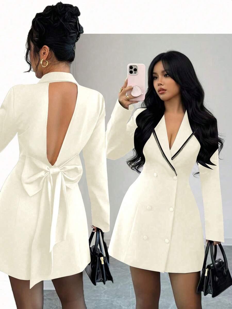 Rafferiza 女士时尚优雅双排扣翻领露背蝴蝶结连衣裙 - 杏色 - 查看 1