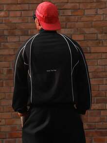 DAZY Spring Letter Print Contrast Stripe Crew Neck Men's Pullover Sweatshirt - Black - View 2