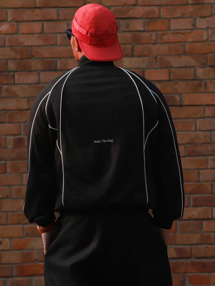 Spring Letter Print Contrast Stripe Crew Neck Men's Pullover Sweatshirt