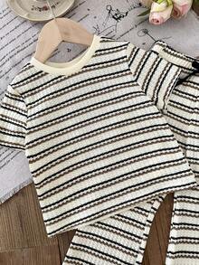 2件套女童条纹针织圆领休闲T恤和修身长裤套装，儿童服装 - 彩色 - 查看 4