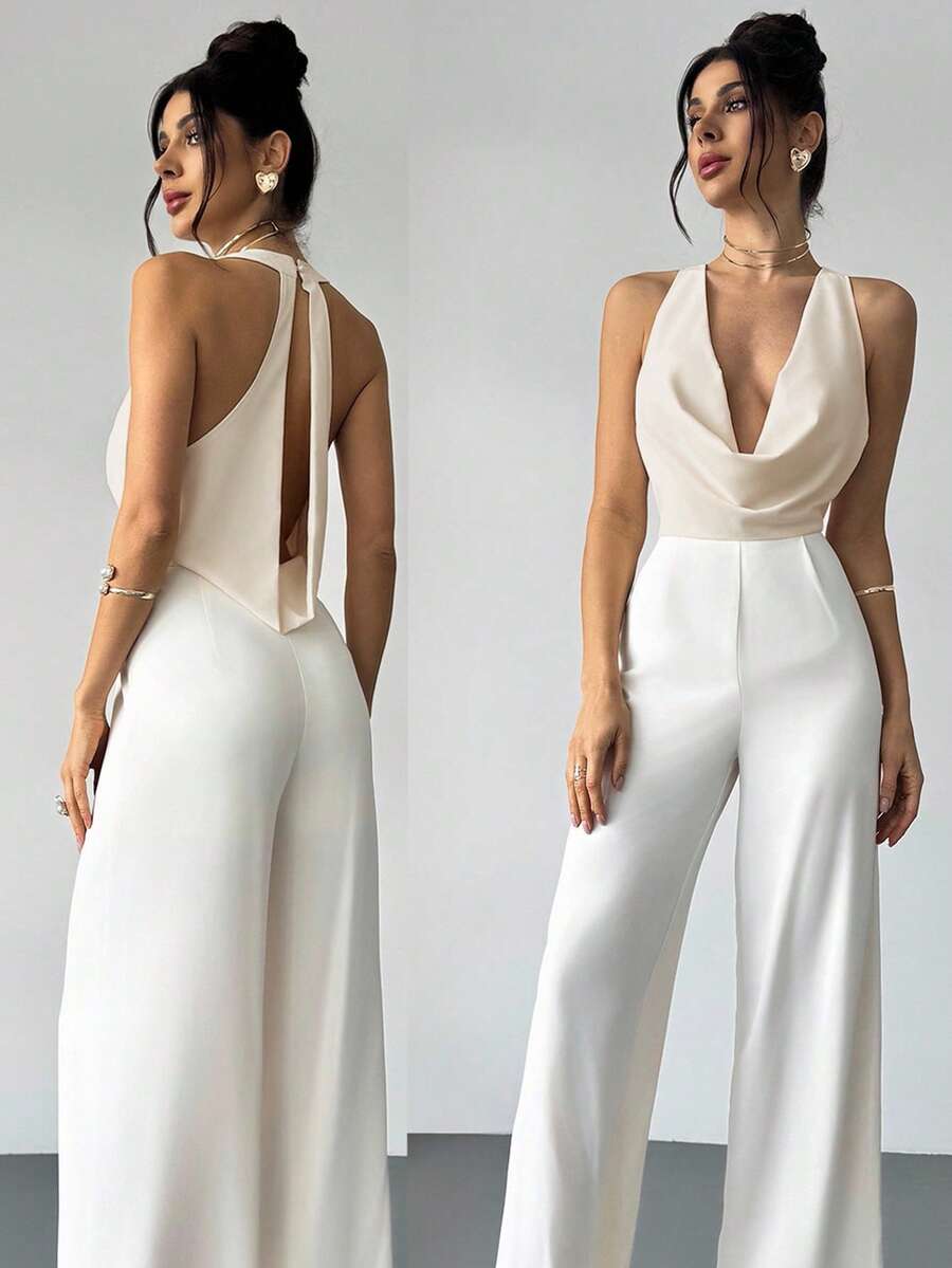 Firerie 优雅现代通勤浪漫约会性感派对海滩度假深V领露背吊带背心，适合节日、婚礼、音乐节、毕业典礼、教师装、返校季等场合。 - 白色 - 查看 1