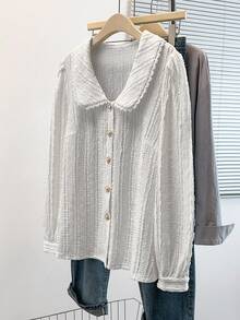 GlowEve CURVE Plus Size Women's Solid Color Puff Sleeve Round Neck Blouse, Academic Style, Teacher , Back To School - White - View 3