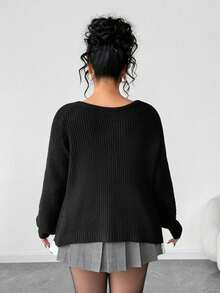 SHEIN Clasi Suéter holgado de manga larga con parches de encaje y lazo elegante para mujer de talla grande, abrigo casual, Navidad, invitado de boda - Negro - Ver 5