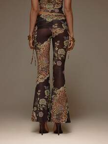 MUSERA Floral Animal Print Power Mesh Foldover Tie Side Fitted Flared Trousers Valentines Sexy Cute Party Romantic Night Out Occasion Winter Vacation - Multicolor - View 4