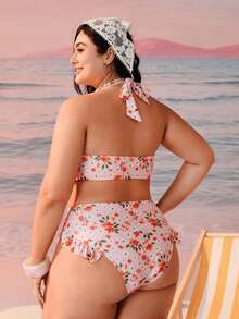 Swim Mod 女士夏季沙滩印花露背系带性感比基尼泳衣套装 - 白色 - 查看 2