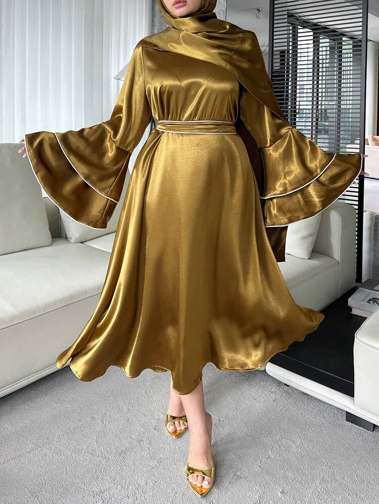 Dazy Plus Plus Size Women Long Sleeve Solid Color Waist Cinched Dress With Elegant Headscarf Sundress
