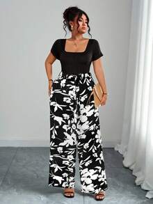 SHEIN Tall Plus Size Women Floral Print Square Neck Casual Everyday Commute Short Sleeve Jumpsuit - Black - View 5