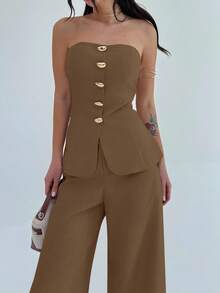 Firerie 女士优雅简约金属纽扣吊带背心和高腰阔腿卡其裤两件套，适合通勤、休闲、度假穿着。 - 摩卡棕 - 查看 5