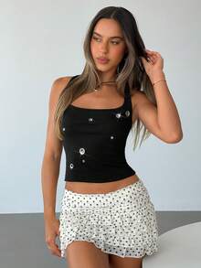 Aloruh 女士性感方领镂空装饰修身黑色纯色吊带背心 - 黑色 - 查看 5