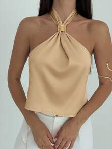 Aloruh Áo tank top ôm sát cơ thể tối giản, gợi cảm, hở lưng, buộc dây xoắn dành cho nữ - Lạc đà - Xem 8