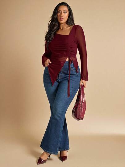 SHEIN BAE Camiseta de manga larga informal con parches de malla, volantes y dobladillo irregular de moda para mujer de talla grande