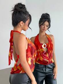 Áo hai dây Aloruh mới, gợi cảm, xuyên thấu, màu cam nhuộm tie-dye, họa tiết nổi bật, cổ khoét sâu, dây buộc, trang trí kim loại, hở lưng, thích hợp cho kỳ nghỉ, du thuyền, tiệc tùng, hẹn hò, ngày Valentine, trang phục đi biển cho nữ, đồ mặc mùa hè, áo mùa hè, quần áo đi biển cho nữ. - trái cam - Xem 6