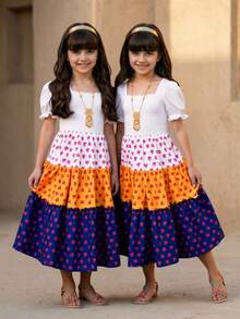 SHEIN Tween Girl Casual Colorful Rose Patchwork Puff Sleeve Dress, Matching Mother-Daughter Set, Suitable For Spring And Summer, Perfect For Vacations - Blue - View 3