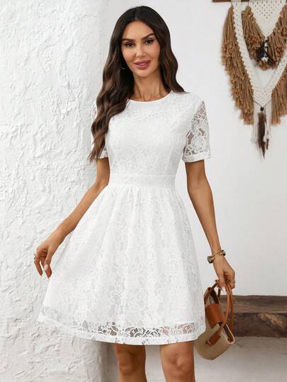 EMERY ROSE Women's Solid Color Lace Simple Daily Short Sleeve Dress  Summer Dress Valentines Day Dress Elegant Dresses For Party Birthday Dress  Elegant Dresses White Dress
