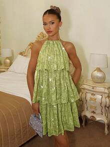 Glamine Charm Đầm ngắn hở lưng gợi cảm đính sequin dành cho nữ, thích hợp cho mùa hè. - màu xanh lá - Xem 1