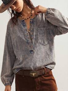 Bohemela Plus Size Casual Medium Wash Denim Top With Random Print And Drop Shoulder Long Sleeves - Medium Wash - View 4