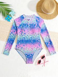 Tween Girls One-Pieces Swimsuit, Casual Vacation, Blue, Iridescent Gradient Heart Print, Long-Sleeved, Sun Protection Set  ,Tween Rashguard Swimsuit Tween Girl Rash Guard Long Sleeve Swimsuit Girl Tween Swimsuit Rashguard Teen Girl Swim Rash Guard Tween Long Sleeve Rashguard Tween Girl Swim Rash Guard - Multicolor - View 3