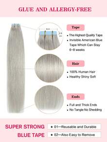 Tape In Hair Extensions 100% Remy Human Hair 12-24inches Silver Grey Color Straight Seamless Skin Weft Tape Hair Extensions 50g/Pack Tape In Hair Tape Ins Hair Extensions Halloween Costumes - SSilver - View 5