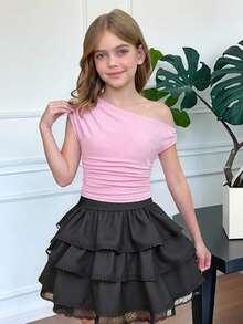 SHEIN Tween女孩 嬰兒粉色不對稱領口短版素色休閒背心上衣 可愛女童服飾 - 淺粉色 - 查看 4