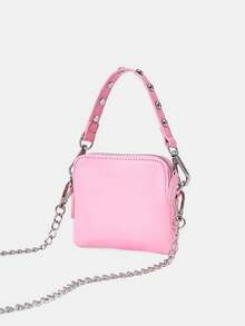 THE POWERPUFF GIRLS X SHEIN Women's Fashion Personalized Minimalist Cool Streetwear Yellow Print Rivet Handbag, Shoulder Bag, Small Crossbody Bag (3-In-1 Style) - Pink - View 3