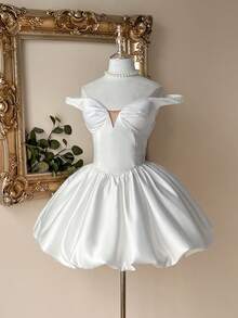 Lovelzi Elegant, Romantic, Fashionable White Satin Off Shoulder Ruffle Hem Dress, Suitable For Singles Party, Wedding, Graduation, Vacation, Afternoon Tea, Bridal Shower