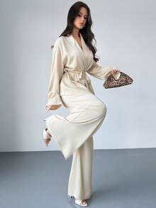 Firerie Women's Elegant Casual Vacation Commute Office Lapel Waist Tie Loose Shacket And High Waist Casual Pants, Suitable For Autumn And Summer