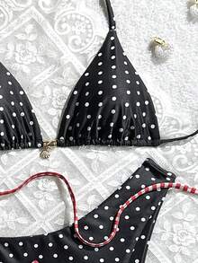 Swim Mod 4件套新款碎花+彩色贝壳和海星金属装饰扭结侧高衩比基尼泳衣套装，沙滩度假女士格子三角比基尼夏季泳装波点比基尼波点泳衣 - 彩色 - 查看 4