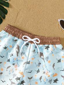 SHEIN Quần short đi biển dáng rộng, có dây rút, in hình sinh vật biển, dành cho bé trai. - Nhiều màu - Xem 5
