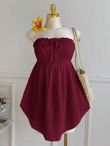 Comfortcana 加大码黑色蕾丝镂空提花前系带荷叶边不对称下摆吊带背心，春夏款 - 酒紅色 - 查看 3