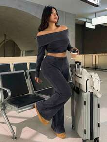 SHEIN EZwear 大码休闲家居服简约露肩粗条纹两件套 - 灰色 - 查看 3