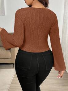 Vionelle 大码女式休闲度假风纯色心形领喇叭袖扭结前襟不对称下摆修身T恤，春秋季 - 橘色 - 查看 2