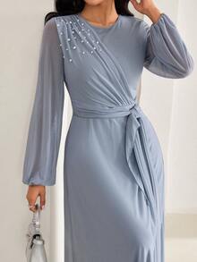 Veilorie Đầm dự tiệc cocktail phong cách Ả Rập cổ tròn thắt eo thiết kế ngọc trai giả trang trí thanh lịch cho nữ - Màu xanh lam - Xem 5