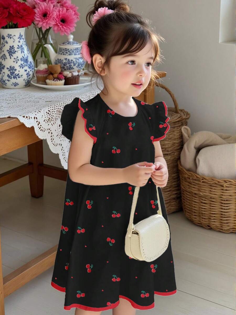 Đầm bé trai kiểu dáng thường ngày dễ thương in hình trái tim nhỏ và quả anh đào, viền bèo nhún đơn giản, thích hợp cho mùa hè. - Nhiều màu - Xem 1