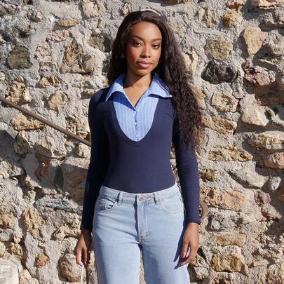 Navy Blue Casual Knitted Long Sleeve Bodysuit